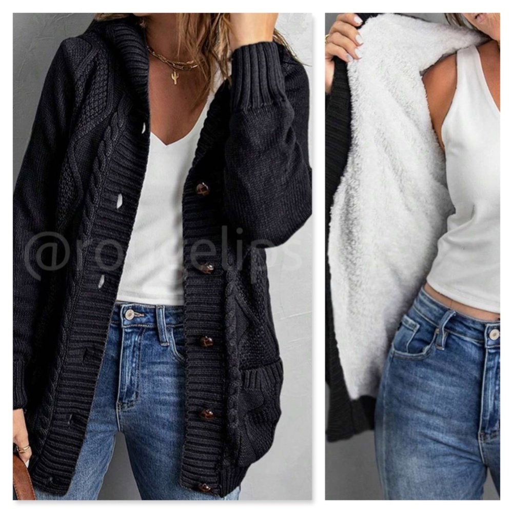 Black Sherpa Knit Hooded Cardigan Front Pockets Long Sleeves Hip Length